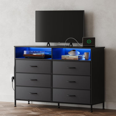 Black 6 Drawer Dresser for Bedroom with LED Lights and Charging Station, Modern Wood Dressers with Extra Side Bag, Double Wide Drawer Cabinet TV Stand for up to 60" TV for Living Room