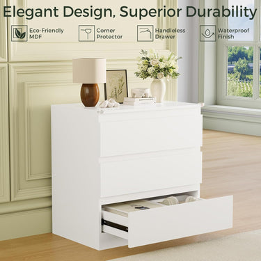 White Wood Dresser for Bedroom, 3 Drawer Dresser for Clothes Storage, Modern Dressers with Wide Drawers, Wide Wooden Chest Drawers for Living Room, Entryway, TV Stand