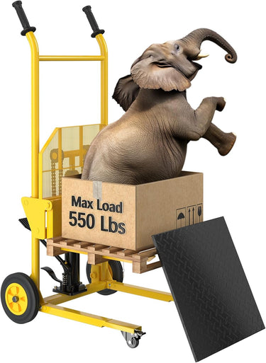 Hydraulic Material Lift with Upgraded Baffle Pallet Lift 550 lbs 37.4” Max Lift with Front Universal Wheels and 9" Polyurethane Wheels, 18.5" Fork Length, Lift Dolly, Hand Forklift, Steel Platform x 1