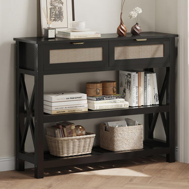 47.2" Modern Console Table with 3 Rattan Drawers, Entryway Table with 3-Tier Storage Shelves, Narrow Long Sofa Table for Entryway, Hallway, Foyer and Living Room, White