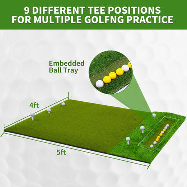 LotFun 5x4ft Dual-Turf Golf Mat with Embedded Ball Tray, Thicken Golf Hitting Mat, Golf Practice Mat with 9 Golf Balls 9 Golf Tee for Hitting, Driving, Chipping, Swing in Backyard, Garage or Basement
