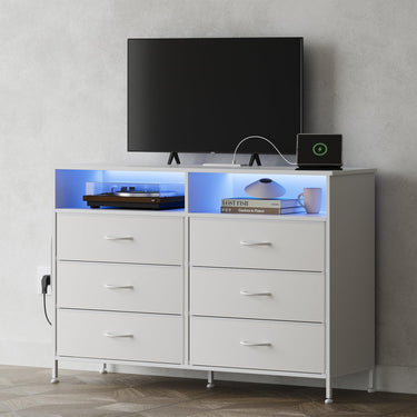 Black 6 Drawer Dresser for Bedroom with LED Lights and Charging Station, Modern Wood Dressers with Extra Side Bag, Double Wide Drawer Cabinet TV Stand for up to 60" TV for Living Room
