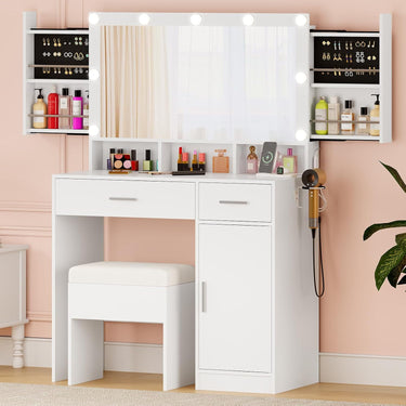 Makeup Vanity with Hidden Storage, Vanity Mirror Desk Set with Lights and Cushioned Stool for Women Girls, White Vanity Table for Bedroom with Power Outlet, Drawers, Cabinet and Shelves