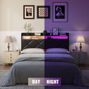 Headboard Queen Size with 2-Tier Open Storage and LED Light, Upholstered Headboard with Charging Station, Height Adjustable Sturdy Queen Bed Head Only for Dorm Bedroom, Easy Assembly, Black