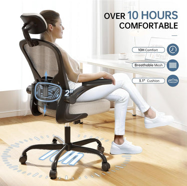 Ergonomic Office Chair Big and Tall, 350LBS Capacity, 6'5" Tall Max, Home High Back Desk Chair for Long Hours Comfortable, Adjustable Headrest, Lumbar Support, Flip-up Arm and PU Wheels, Light Gray