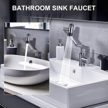 Rotatable Bathroom Faucet, Single Handle Bathroom Faucet with 4 Water Outlet Modes, Bathroom Faucet 1 Hole for Face Washing, Swivel Arm Faucet for Bathroom Kitchen Sink, Brushed Gray