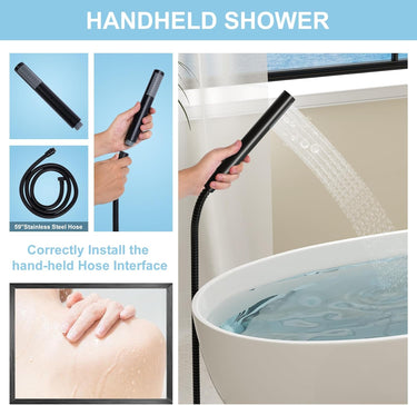 Freestanding Bathtub Faucet, Floor Mount Bathtub Faucet with 2 Water Outlet Modes, Swivel Gooseneck Spout with Hand Shower, Brass Single Handle Tub Filler, Max Flow Rate 7.4 GPM, Matte Black