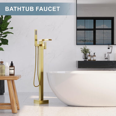 Waterfall Free Standing Tub Faucet, High Pressure Floor Mount Bathtub Faucet, Brass Tub Filler with Hand Shower, High Flow Rate Max 7.4 GPM, Swivel Spout with 2 Water Modes