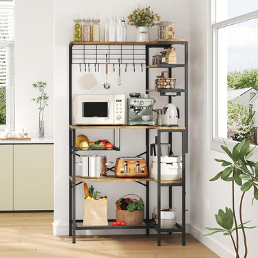 L-Shaped Bakers Rack with Power Outlet, 6-Tier Microwave Stand with Open Storage, Coffee Bar with Hooks, Mesh Grid, Kitchen Shelf with Wire Basket, Rustic Brown and Black