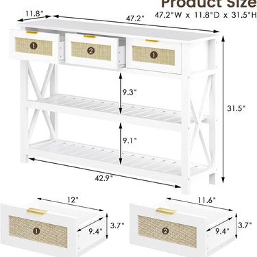 47.2" Modern Console Table with 3 Rattan Drawers, Entryway Table with 3-Tier Storage Shelves, Narrow Long Sofa Table for Entryway, Hallway, Foyer and Living Room, White