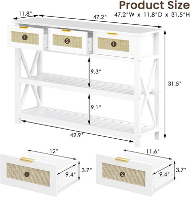 47.2" Modern Console Table with 3 Rattan Drawers, Entryway Table with 3-Tier Storage Shelves, Narrow Long Sofa Table for Entryway, Hallway, Foyer and Living Room, White