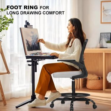 Synorla Ergonomic Drafting Chair, Tall Office Chair with Flip-up Armrests, Breathable Mesh High Desk Chair with Lumbar Support Adjustable Footrest Ring for Standing Desk, Home Office Studio