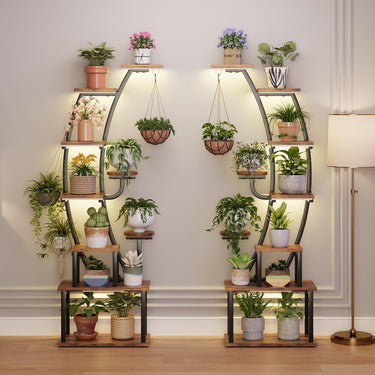 LotFun Plant Stand Indoor with Grow Lights, 9 Tiered Indoor Metal Plant Shelf 2 Pack, 64" Tall Plant Stand for Indoor Plants Multiple, Curved Shape Rack Plant Holder, Large Holder Display Shelf for Living Room, Garden, Patio
