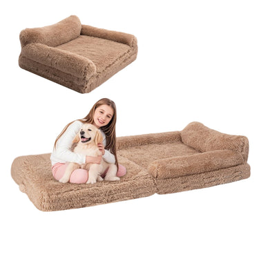72" Foldable Human Dog Bed for Adults, Fluffy Faux Fur with Blanket, Orthopedic Washable Dog Bed with Memory Foam and Water Repellent Liner Extra Large Thick for Pet
