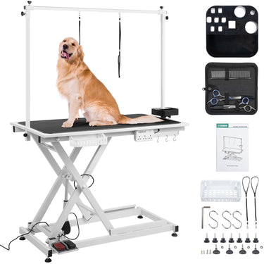 Electric Dog Grooming Table 50 inch with Foot-operated, Professional Heavy Duty Pet Grooming Table for Dogs at Home, Aluminium Adjustable Overhead Arm & Tool Organizer, Large Pet Grooming Station