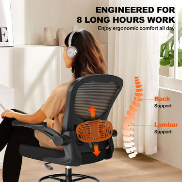 Synorla Ergonomic Drafting Chair, Tall Office Chair with Flip-up Armrests, Breathable Mesh High Desk Chair with Lumbar Support Adjustable Footrest Ring for Standing Desk, Home Office Studio
