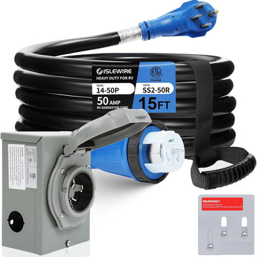 Generator Cord 50 Amp 15FT, Generator Extension Cord with Power Inlet Box and Generator Interlock Kit, NEMA 14-50P to SS2-50R STW 6/3+8/1 AWG 125/250V Twist Lock for Generator to House, ETL Listed