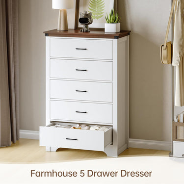 Farmhouse 5 Drawer Dresser for Bedroom, 47" Tall Chest of Drawers, Wood White Dresser with Deep Drawers, Storage Dressers Organizer for Bedroom, Living Room, Hallway