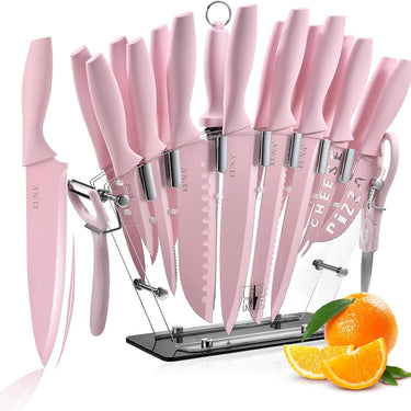 EUNA Knife Block Set, 19 PCS Kitchen Knife Set with Acrylic Block and Sharpener, German High-Carbon Stainless Steel Knife Sets with 6 Serrated Steak Knives, Bread Knife, Chef Knife, Rust-Proof