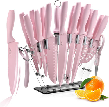 EUNA Knife Block Set, 19 PCS Kitchen Knife Set with Acrylic Block and Sharpener, German High-Carbon Stainless Steel Knife Sets with 6 Serrated Steak Knives, Bread Knife, Chef Knife, Rust-Proof
