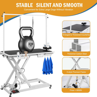 Electric Dog Grooming Table 50 inch with Foot-operated, Professional Heavy Duty Pet Grooming Table for Dogs at Home, Aluminium Adjustable Overhead Arm & Tool Organizer, Large Pet Grooming Station