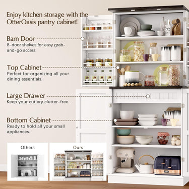 72" Tall Pantry Cabinet, 31.5" W Larger Farmhouse Kitchen Pantry Cabinet with Barn Doors, Hidden Drawer and 4 Shelves, Wood Versatile Storage Cabinet for Kitchen, Dining Room, Living Room