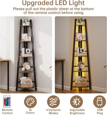 OtterOsis Corner Shelf Stand, 5-Tier Corner Shelf with LED Light, 70Inch Tall Display Shelf for Living Room, Bedroom, Bookshelf, Wood Ladder Shelf with Steel Frame, Plant Shelf (Brown)