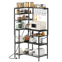 L-Shaped Bakers Rack with Power Outlet, 6-Tier Microwave Stand with Open Storage, Coffee Bar with Hooks, Mesh Grid, Kitchen Shelf with Wire Basket, Rustic Brown and Black