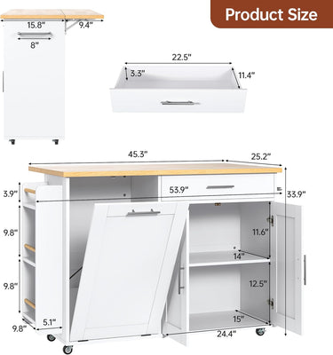 Kitchen Island with Hidden Trash Can Storage, Rolling Kitchen Island with Storage, Drop Leaf, 3-Tier Spice Rack, Towel Rack & Drawer, Portable Island for Kitchen