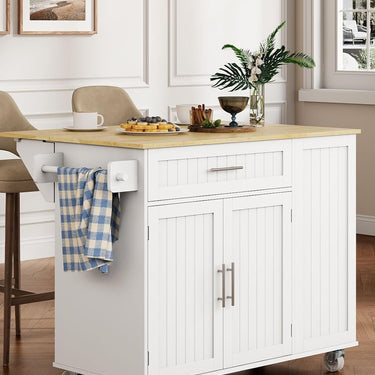 Kitchen Island with Storage, 31.5" D Rolling Kitchen Island Cart on Wheels with Widen Drop Leaf Rubberwood Top, Large Mobile Kitchen Island with Trash Can Storage and Towel Bar, White