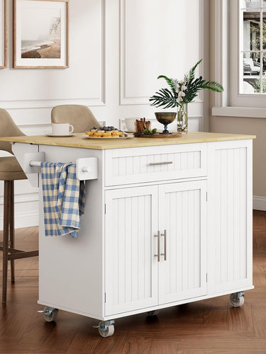 Kitchen Island with Storage, 31.5" D Rolling Kitchen Island Cart on Wheels with Widen Drop Leaf Rubberwood Top, Large Mobile Kitchen Island with Trash Can Storage and Towel Bar, White