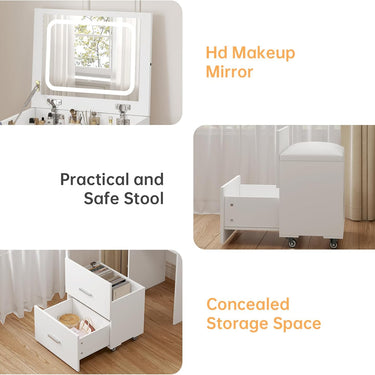 3 in 1 Vanity Desk, Compact Vanity with 3 Drawers, Makeup Desk with Flip-up 3 Colors Lighting Mirror and Cushioned Stool, Small Vanity Nightstand Perfect for Bedroom, White