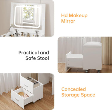3 in 1 Vanity Desk, Compact Vanity with 3 Drawers, Makeup Desk with Flip-up 3 Colors Lighting Mirror and Cushioned Stool, Small Vanity Nightstand Perfect for Bedroom, White