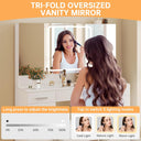 Vanity Desk with Mirror and Lights, Vanity Tables with 7 Drawers, Makeup Vanity with Tri-Folding 3 Colors Lighting Mirror and Cushioned Stool, Big Vanities Perfect for Bedroom, White