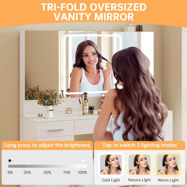 Vanity Desk with Mirror and Lights, Vanity Tables with 7 Drawers, Makeup Vanity with Tri-Folding 3 Colors Lighting Mirror and Cushioned Stool, Big Vanities Perfect for Bedroom, White