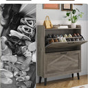Shoe Storage Cabinet with 2 Flip Drawers, Farmhouse Narrow Shoe Cabinet for Entryway, Slim Shoe Organizer Cabinet with Wood Legs, Washed Gray