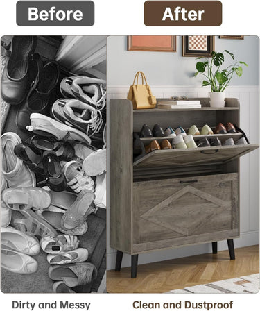 Shoe Storage Cabinet with 2 Flip Drawers, Farmhouse Narrow Shoe Cabinet for Entryway, Slim Shoe Organizer Cabinet with Wood Legs, Washed Gray