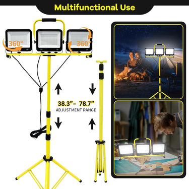 22500 Lumen LED Work Lights with Stand, 3 Adjustable Head Portable Work Light with 324 Super-Powerful LED Lamp Beads and 16.4FT Cord, Waterproof Tripod Worklights with 6500 Kelvin Color Temperature