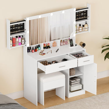 Makeup Vanity with Hidden Storage, Vanity Mirror Desk Set with Lights and Cushioned Stool for Women Girls, White Vanity Table for Bedroom with Power Outlet, Drawers, Cabinet and Shelves