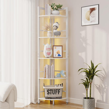Corner Shelf Stand, 5-Tier Corner Shelf with LED Light, 70 Inch Tall Display Shelf for Living Room, Bedroom, Bookshelf, Industrial Shelf with Steel Frame, Plant Shelf (White)