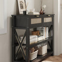 Console Table with 2 Rattan Drawers, Entryway Table with 3-Tier Storage Shelves, Narrow Long Sofa Table for Entryway, Hallway, Foyer and Living Room, Black