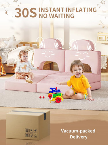 Modular Kids Play Couch 10PCS, Kids Couch 3s Instant Inflating, Nugget Couch Kids for Boys and Girls, Creative and Convertible Kids Couch for Playroom, Bedroom, Classroom, Pink