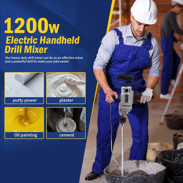 URBANVISTA Electric Handheld Drill Mixer 1200W, 10A Corded Heavy Cement Mixer Set, Variable Speeds Mixing Drill Machine 5/8", Concrete Mud Mixer with Spade for Drilling and Mixing