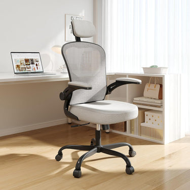 Ergonomic Office Chair Big and Tall, 350LBS Capacity, 6'5" Tall Max, Home High Back Desk Chair for Long Hours Comfortable, Adjustable Headrest, Lumbar Support, Flip-up Arm and PU Wheels, Light Gray