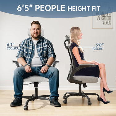 Ergonomic Office Chair Big and Tall, 350LBS Capacity, 6'5" Tall Max, Home High Back Desk Chair for Long Hours Comfortable, Adjustable Headrest, Lumbar Support, Flip-up Arm and PU Wheels, Light Gray