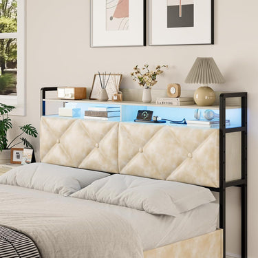 Headboard Queen Size with 2-Tier Open Space and Pull-Out Hidden Storage, Upholstered Headboard with Charging Station, Height Adjustable Sturdy Queen Bed Head Only, Easy Assembly, Ivory