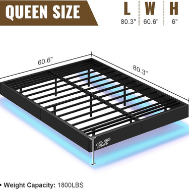 Queen Size Floating Bed Frame with LED Lights, Black Upholstered and Metal Platform Bed Queen, Modern Stable Floating Bed Frame Without Headboard, No Box Spring Needed, Easy to Assemble