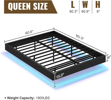 Queen Size Floating Bed Frame with LED Lights, Black Upholstered and Metal Platform Bed Queen, Modern Stable Floating Bed Frame Without Headboard, No Box Spring Needed, Easy to Assemble