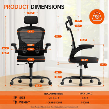 Ergonomic Office Chair Big and Tall, 350LBS Capacity, 6'5" Tall Max, Home High Back Desk Chair for Long Hours Comfortable, Adjustable Lumbar Support and Headrest, Flip-up Arm and PU Wheels, Black