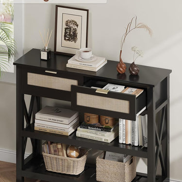 Console Table with 2 Rattan Drawers, Entryway Table with 3-Tier Storage Shelves, Narrow Long Sofa Table for Entryway, Hallway, Foyer and Living Room, Black
